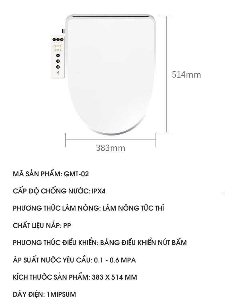Nắp Bồn Cầu Thông Minh Làm Ấm Tức Thì Điều Khiển Nút BấmTiện Lợi NBCTM009