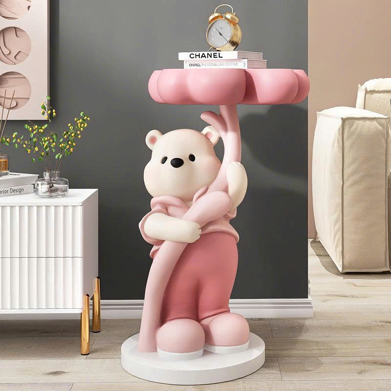 Tượng decor trang trí gấu trắng cầm mâm để đồ cá tính 024