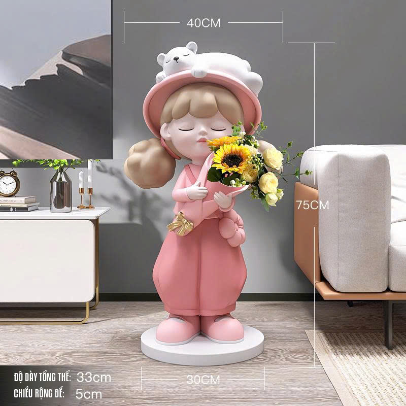 Tượng decor trang trí cô gái cầm hoa sang trọng 025