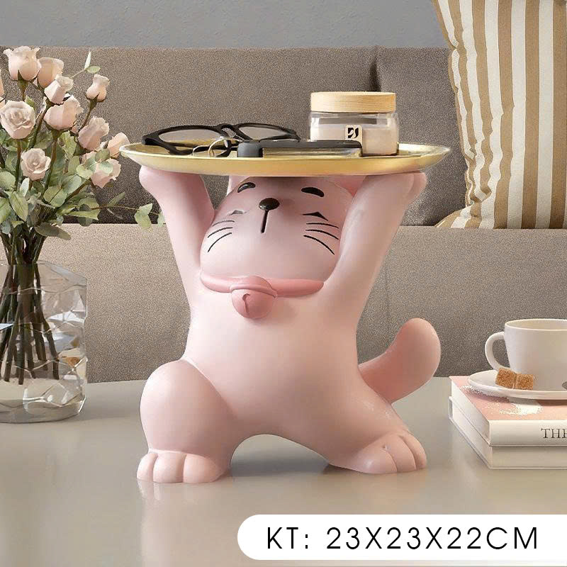 Tượng decor trang trí mèo thần tài nâng mâm cao cấp 029