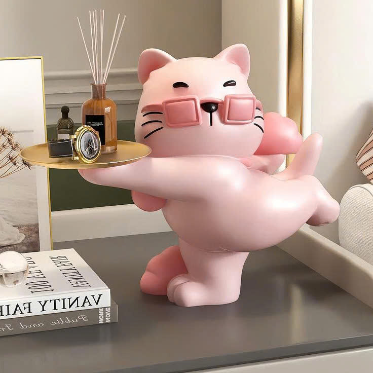 Tượng decor trang trí mèo cool ngầu đeo kính vàng cầm khay sang trọng 030