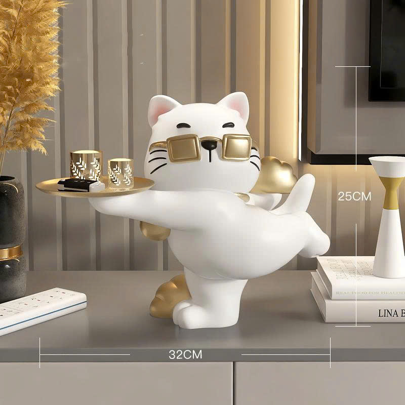 Tượng decor trang trí mèo cool ngầu đeo kính vàng cầm khay sang trọng 030