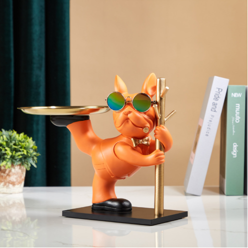 Tượng decor trang trí chó Bully cầm cột xiếc kệ đựng đồ mini phong cách Châu Âu 039