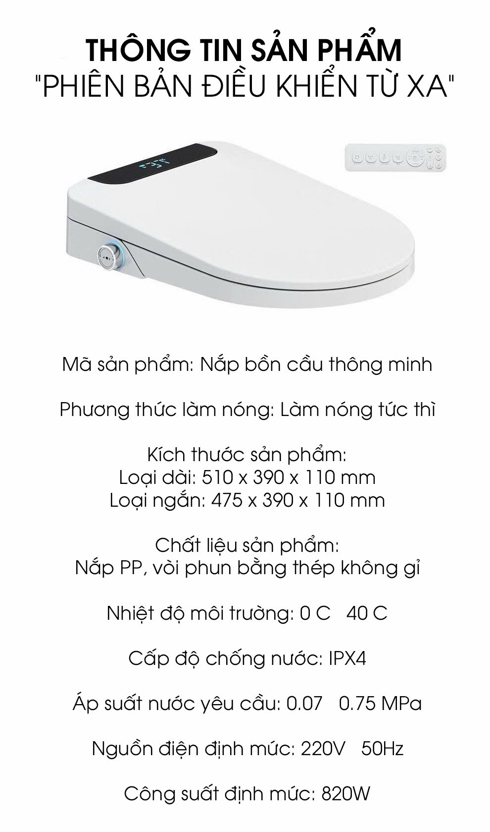 Nắp Bồn Cầu Điện Tử Thông Minh Tự Động Khử Mùi Diệt Khuẩn