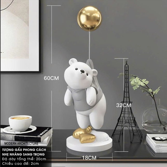Tượng gấu trắng trang trí decor cầm bóng bay dễ thương 004