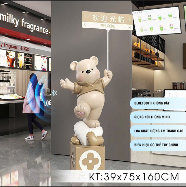 Gấu decor trang trí chào mừng trước cửa hàng có tích hợp bluetooth 008