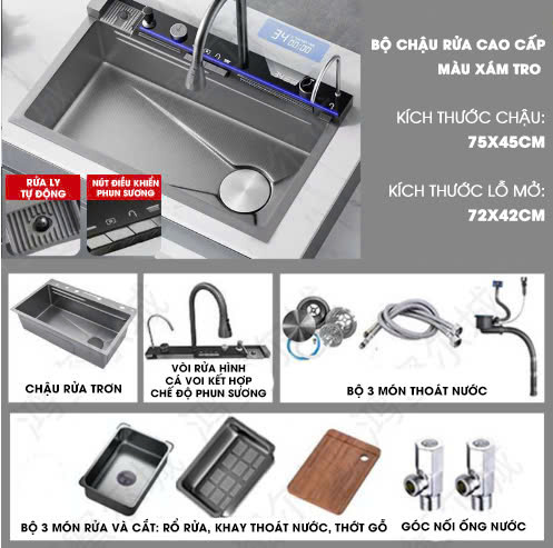 BRC009 - Bồn rửa chén thông minh màn hình kỹ thuật số thác nước thép không ghỉ
