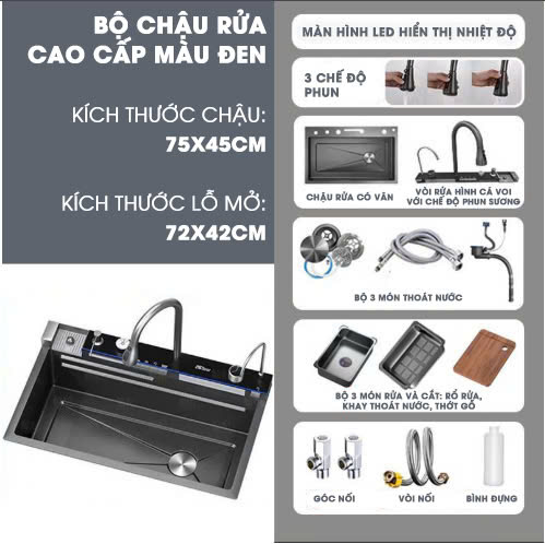BRC009 - Bồn rửa chén thông minh màn hình kỹ thuật số thác nước thép không ghỉ