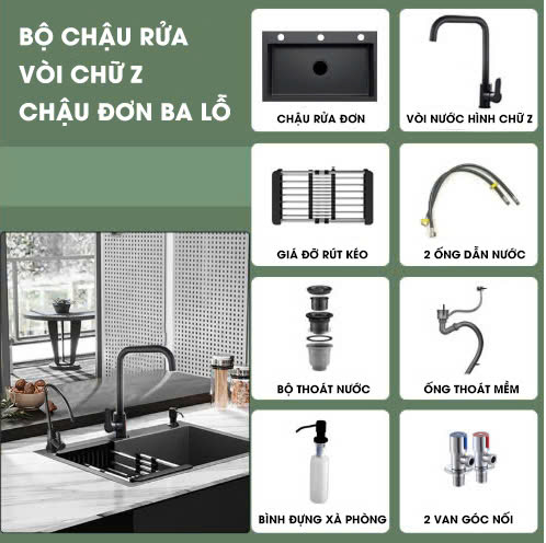 BRC011 - Bồn rửa chén bằng thép không gỉ Nano đen cỡ lớn - bồn rửa đơn
