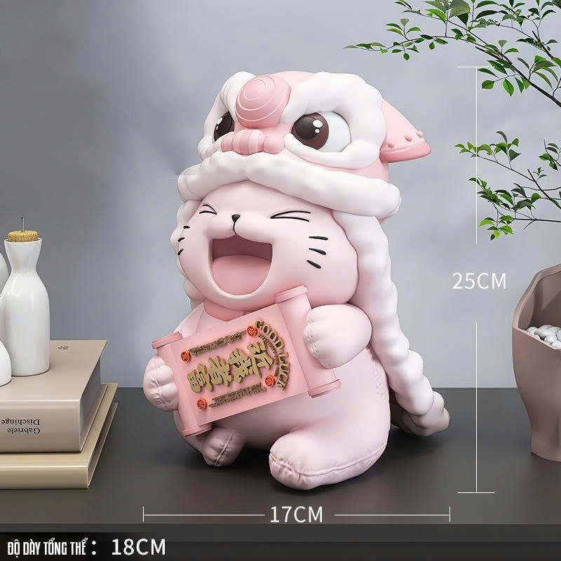 Tượng decor trang trí mèo hồng đội mũ lân dễ thương 023