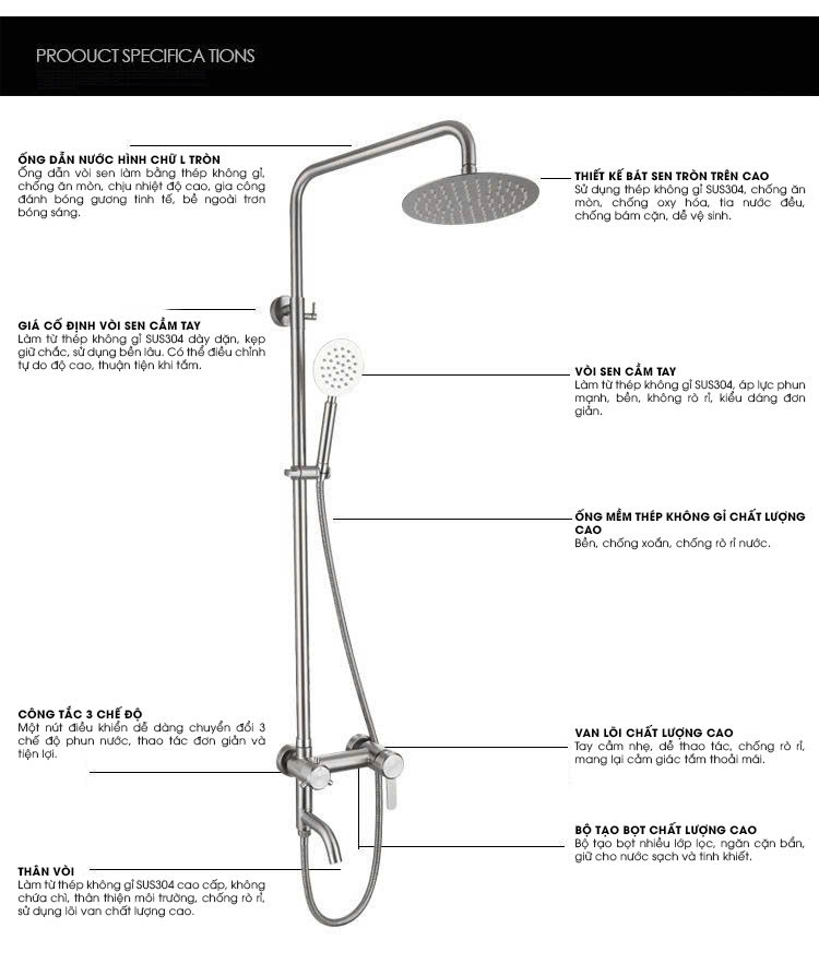 Vòi sen tắm nóng lạnh inox 304 cao cấp 090