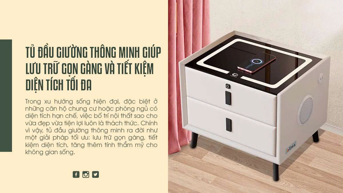 Tủ đầu giường thông minh giúp lưu trữ gọn gàng và tiết kiệm diện tích tối đa
