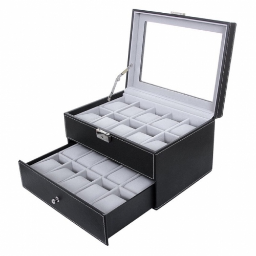 0198 Hộp đồng hồ 2 tầng chứa 20 cái bằng da cao cấp