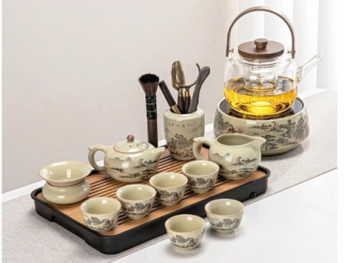Bộ bàn trà mini gốm sứ họa tiết núi non hùng vĩ 0127