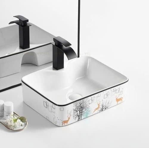 Bồn lavabo đặt bàn chữ nhật họa tiết hươu nai Tora Sanitary KT-LB02