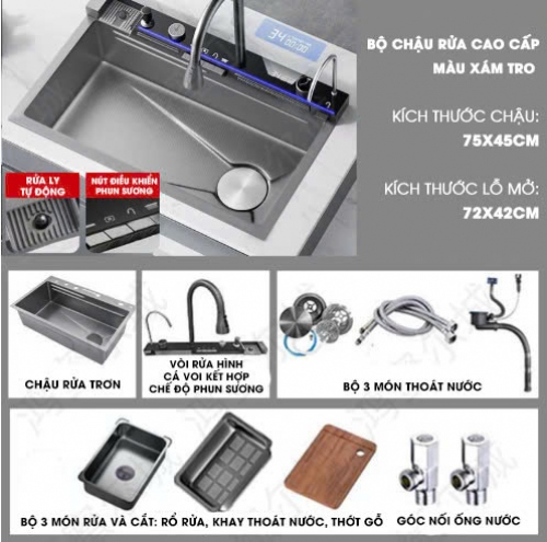 BRC009 - Bồn rửa chén thông minh màn hình kỹ thuật số thác nước thép không ghỉ