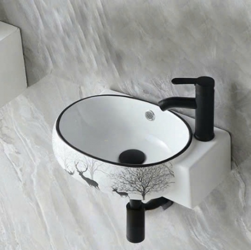 Chậu Lavabo Treo Góc Tường Trắng Họa Tiết Hươu Tora Sanitary KT-LB75