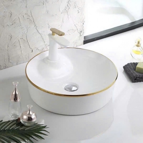 Chậu rửa mặt lavabo đặt bàn viền vàng Tora Sanitary KT-LB33