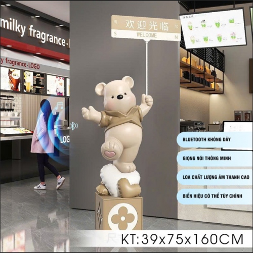 Gấu decor trang trí chào mừng trước cửa hàng có tích hợp bluetooth 008