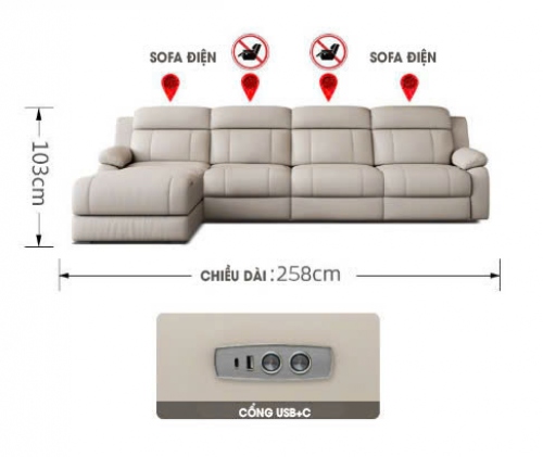 SFD004 - Ghế Sofa điện cho 2 người và 1 lật đa năng 258cm