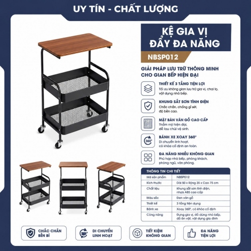 Kệ Gia Vị Đa Năng 2 Tầng Có Bánh Xe Mặt Gỗ NBSP012