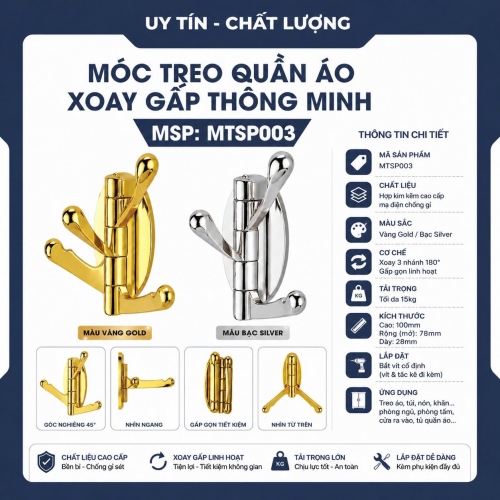 Móc đơn xoay móc quần áo nhà bếp phòng tắm khăn vệ sinh MTSP003