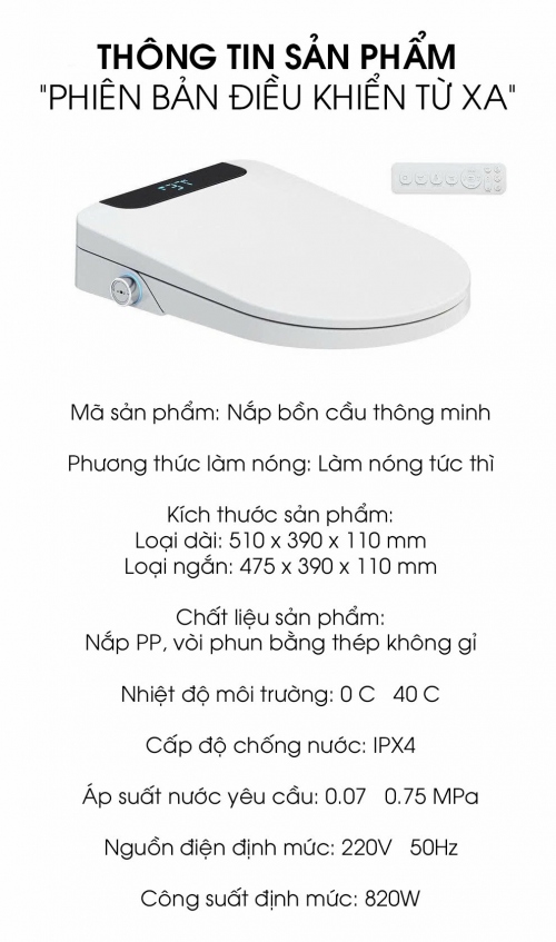 Nắp Bồn Cầu Điện Tử Thông Minh Tự Động Khử Mùi Diệt Khuẩn
