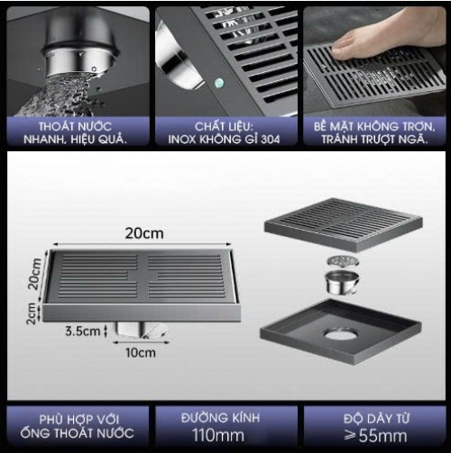 Nắp thoát nước sàn khử mùi ngoài trời thép không gỉ 304 cao cấp 037