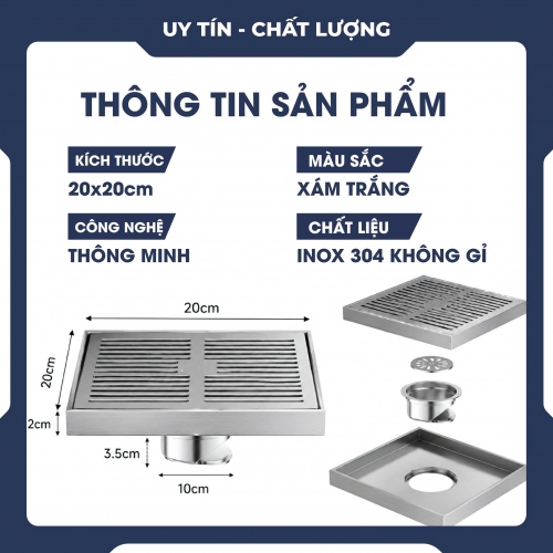 Nắp thoát nước sàn khử mùi ngoài trời thép không gỉ 304 cao cấp 037