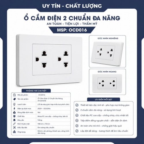 Ổ cắm điện âm tường đôi 6 lỗ đa năng an toàn tiện dụng OCD016