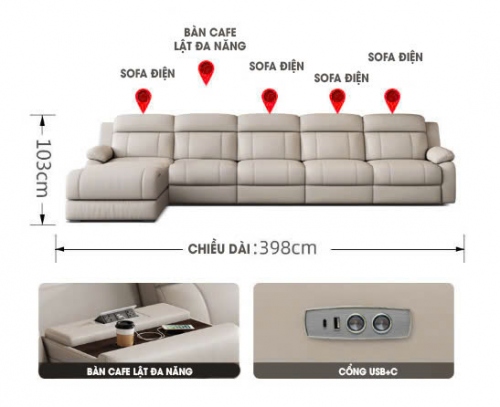 SFD020 - Sofa điện cao cấp 4 ghế điện và 1 ghế lật đa năng