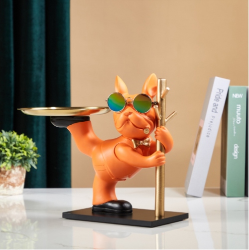 Tượng decor trang trí chó Bully cầm cột xiếc kệ đựng đồ mini phong cách Châu Âu cao cấp 039