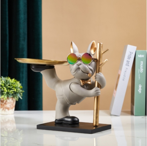 Tượng decor trang trí chó Bully cầm cột xiếc kệ đựng đồ mini phong cách Châu Âu cao cấp 039