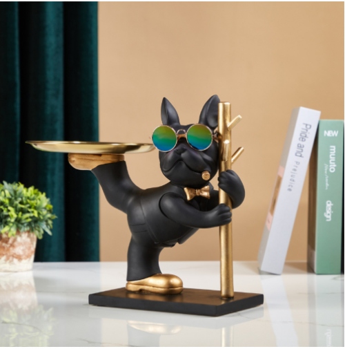 Tượng decor trang trí chó Bully cầm cột xiếc kệ đựng đồ mini phong cách Châu Âu cao cấp 039