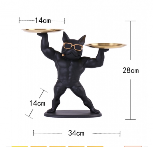 Tượng decor trang trí chú chó cơ bắp nâng 2 khay cao cấp 040