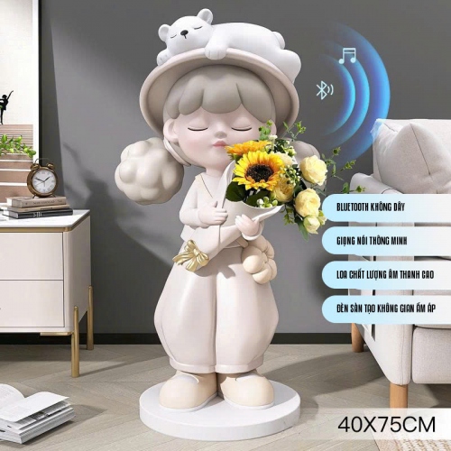 Tượng decor trang trí cô gái cầm hoa sang trọng 025