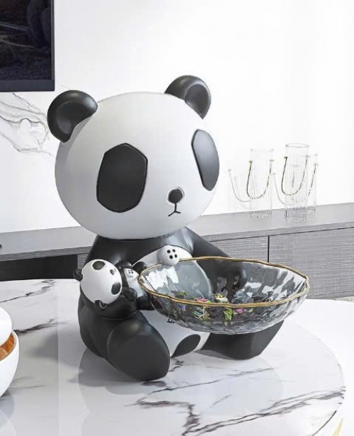Tượng decor trang trí gấu trúc ôm khay thủy tinh đựng đồ đa năng cao cấp 048