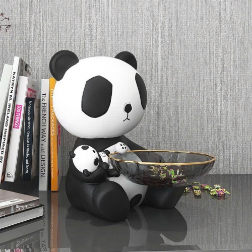 Tượng decor trang trí gấu trúc ôm khay thủy tinh đựng đồ đa năng cao cấp 048
