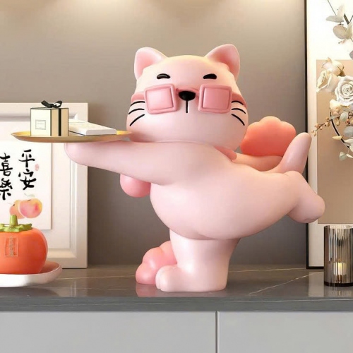 Tượng decor trang trí mèo cool ngầu đeo kính vàng cầm khay sang trọng 030