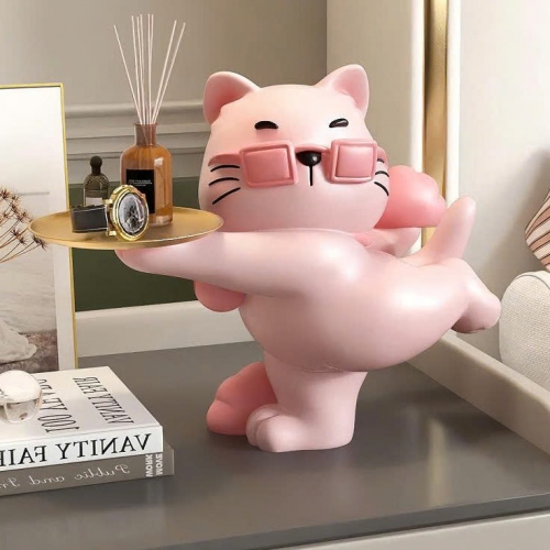 Tượng decor trang trí mèo cool ngầu đeo kính vàng cầm khay sang trọng 030