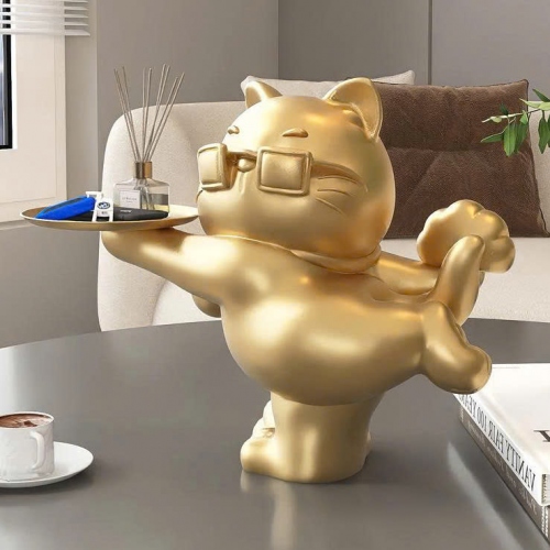 Tượng decor trang trí mèo cool ngầu đeo kính vàng cầm khay sang trọng 030