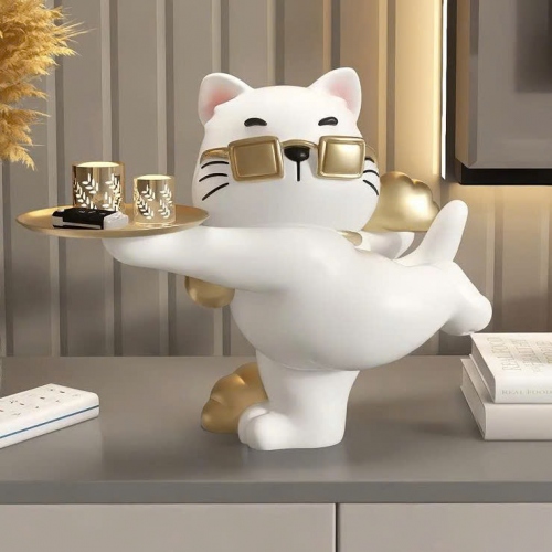 Tượng decor trang trí mèo cool ngầu đeo kính vàng cầm khay sang trọng 030