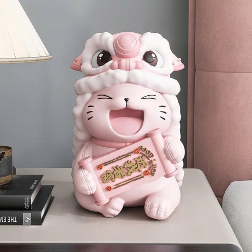 Tượng decor trang trí mèo hồng đội mũ lân dễ thương 023