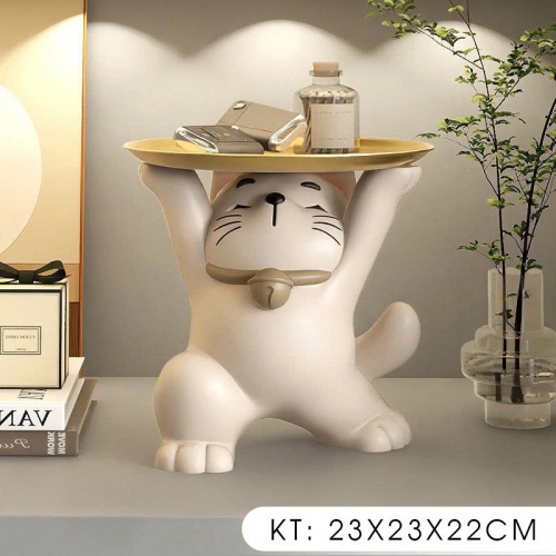 Tượng decor trang trí mèo thần tài nâng mâm cao cấp 029