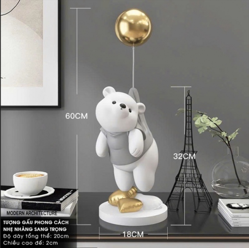 Tượng gấu trắng trang trí decor cầm bóng bay dễ thương 004